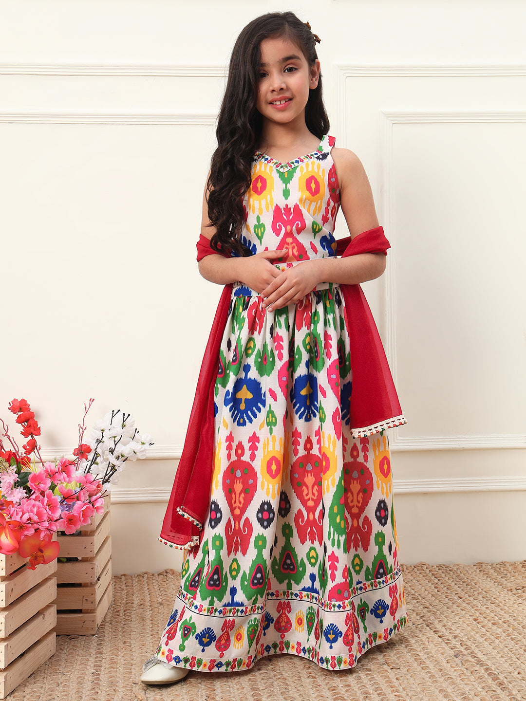 Muti Print Top With Skirt & Dupatta Girls Co-ord Set