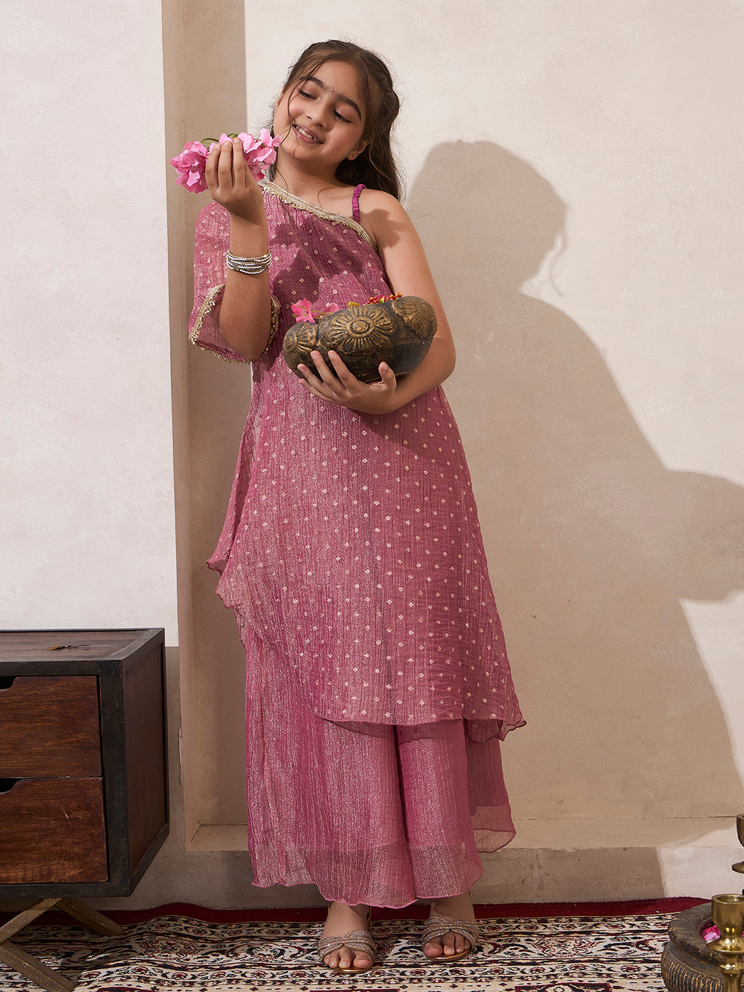Pink Shimmer One Shoulder Kurta With Palazzo