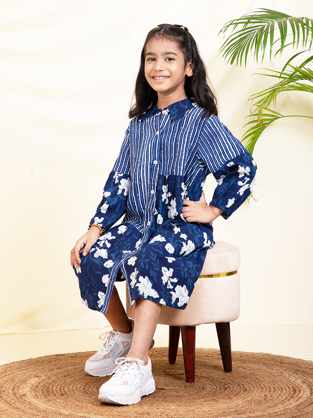 Indigo Printed Gathered Girls Shirt Dress
