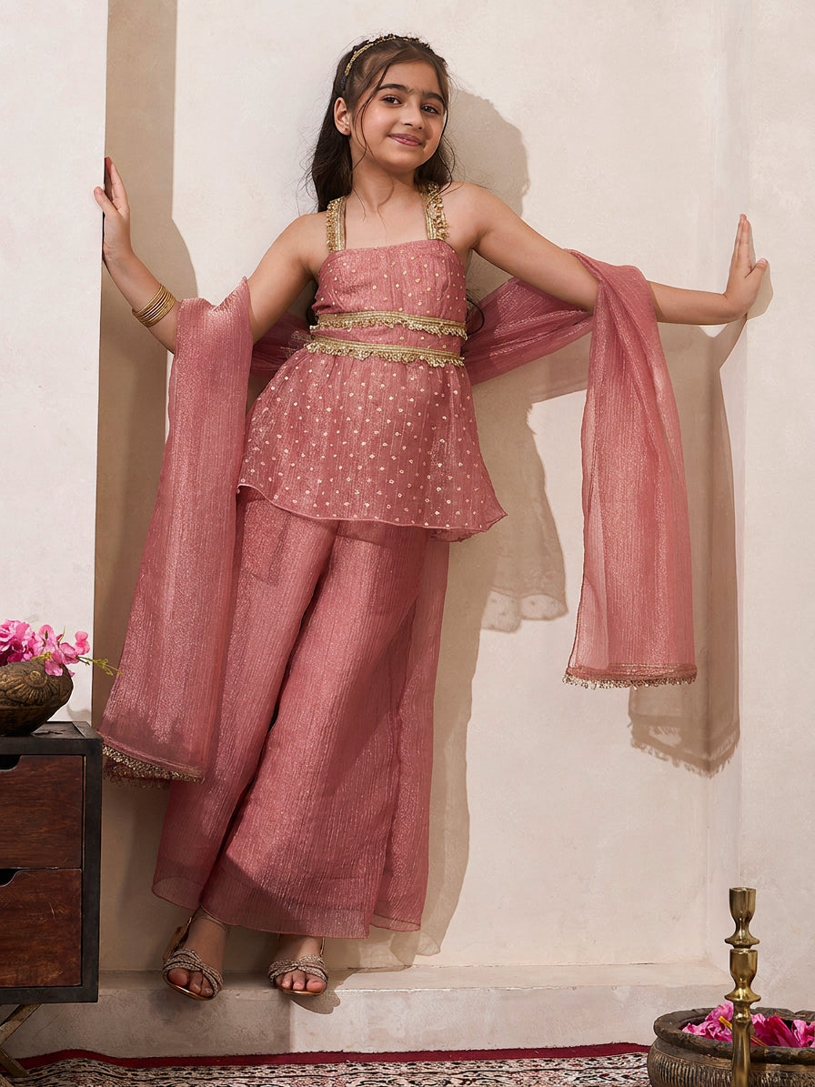 Pink Solid Shimmer Butta Work Peplum Top & Palazzo With Dupatta