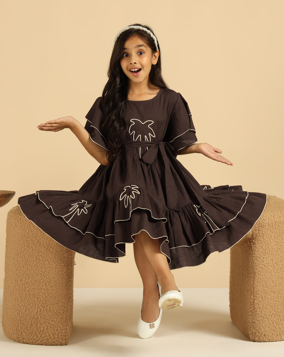 Brown Embroidered Palm Motif Pure Cotton Girls Dress