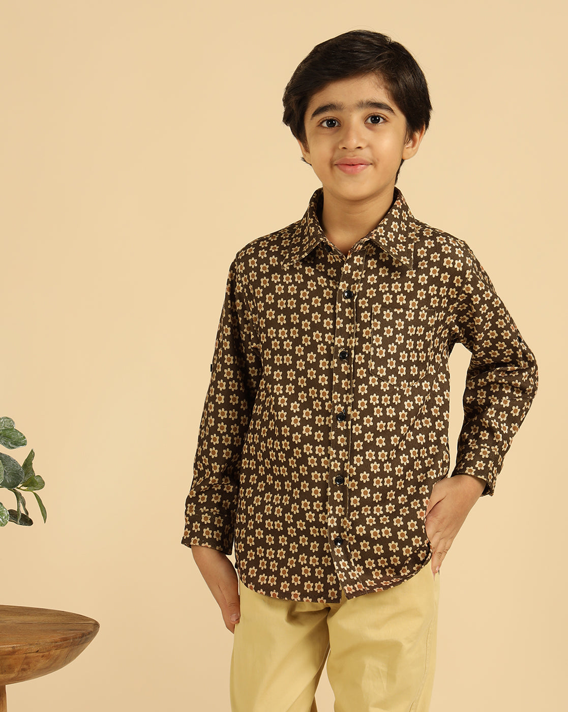 Pure Cotton Corduroy Brown Floral Boys Shirt