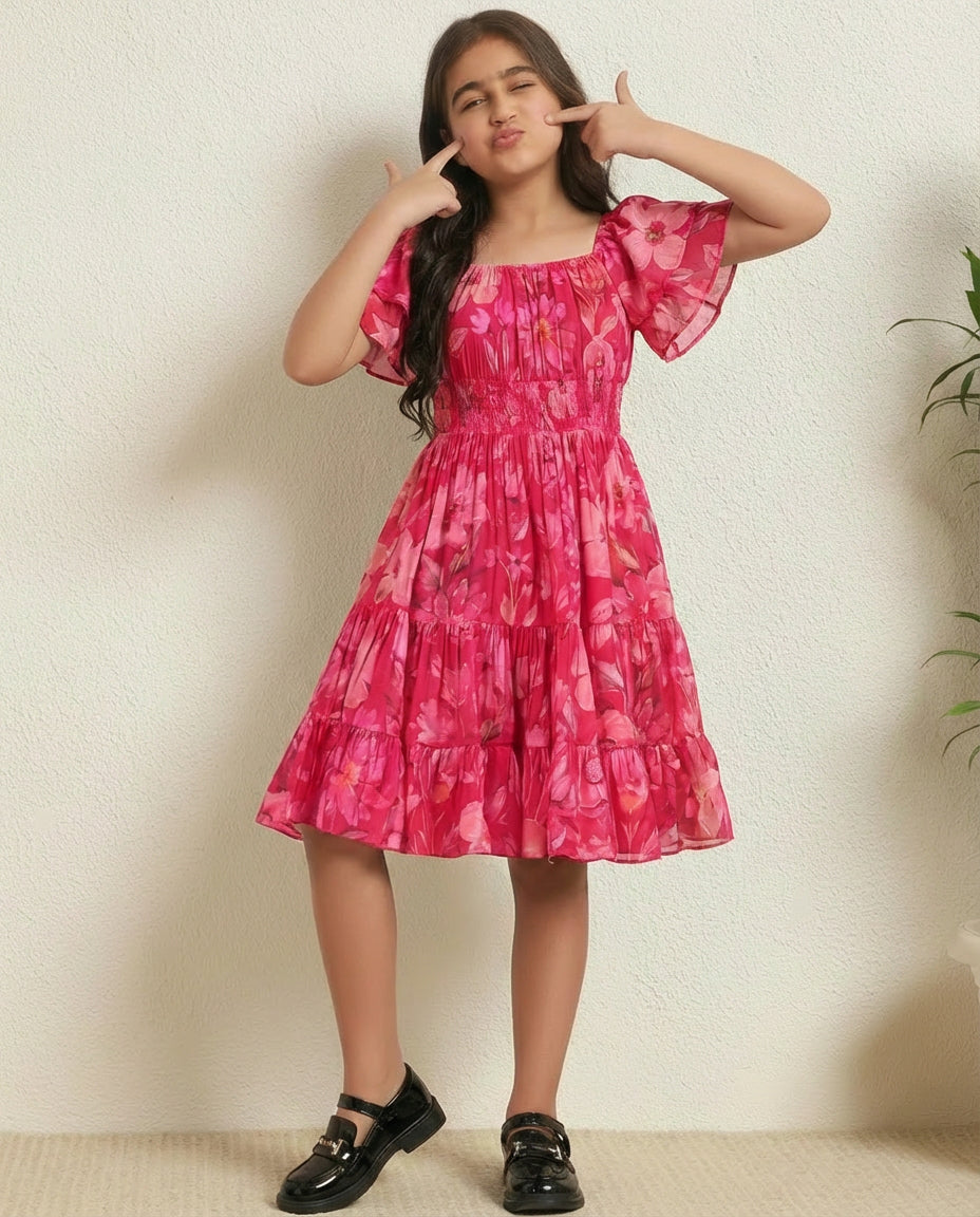 Magenta Tiered Dress For Kids