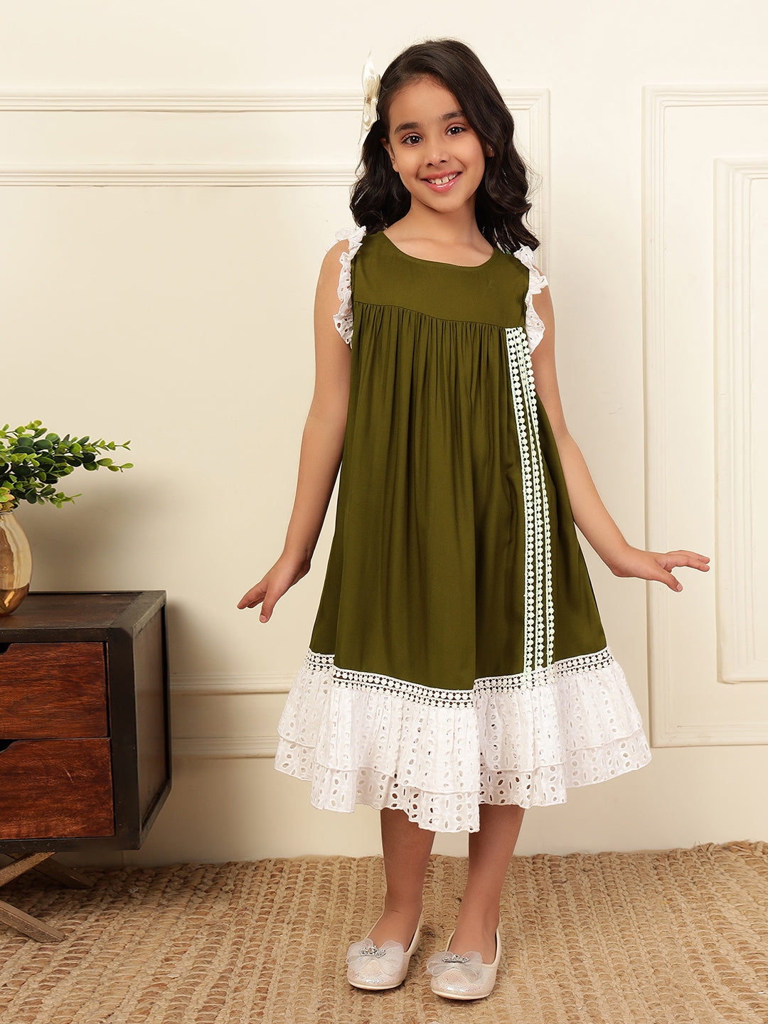 Olive Green Schiffli Tiered Dress