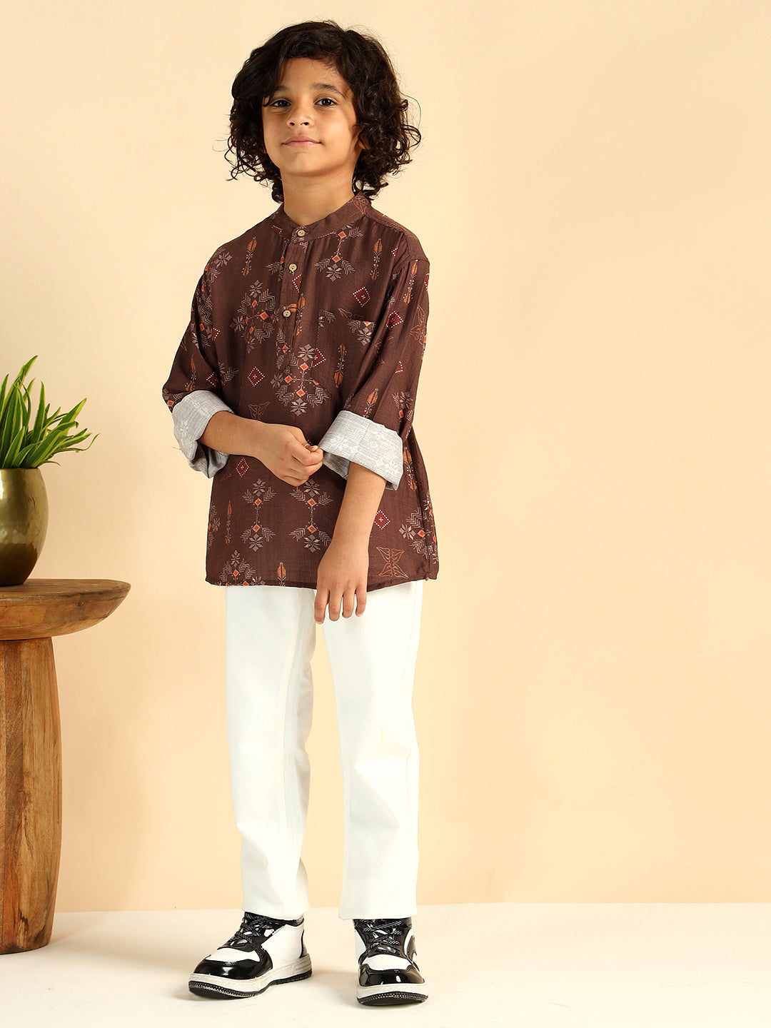 Geometric Print Short Kurta For Boys
