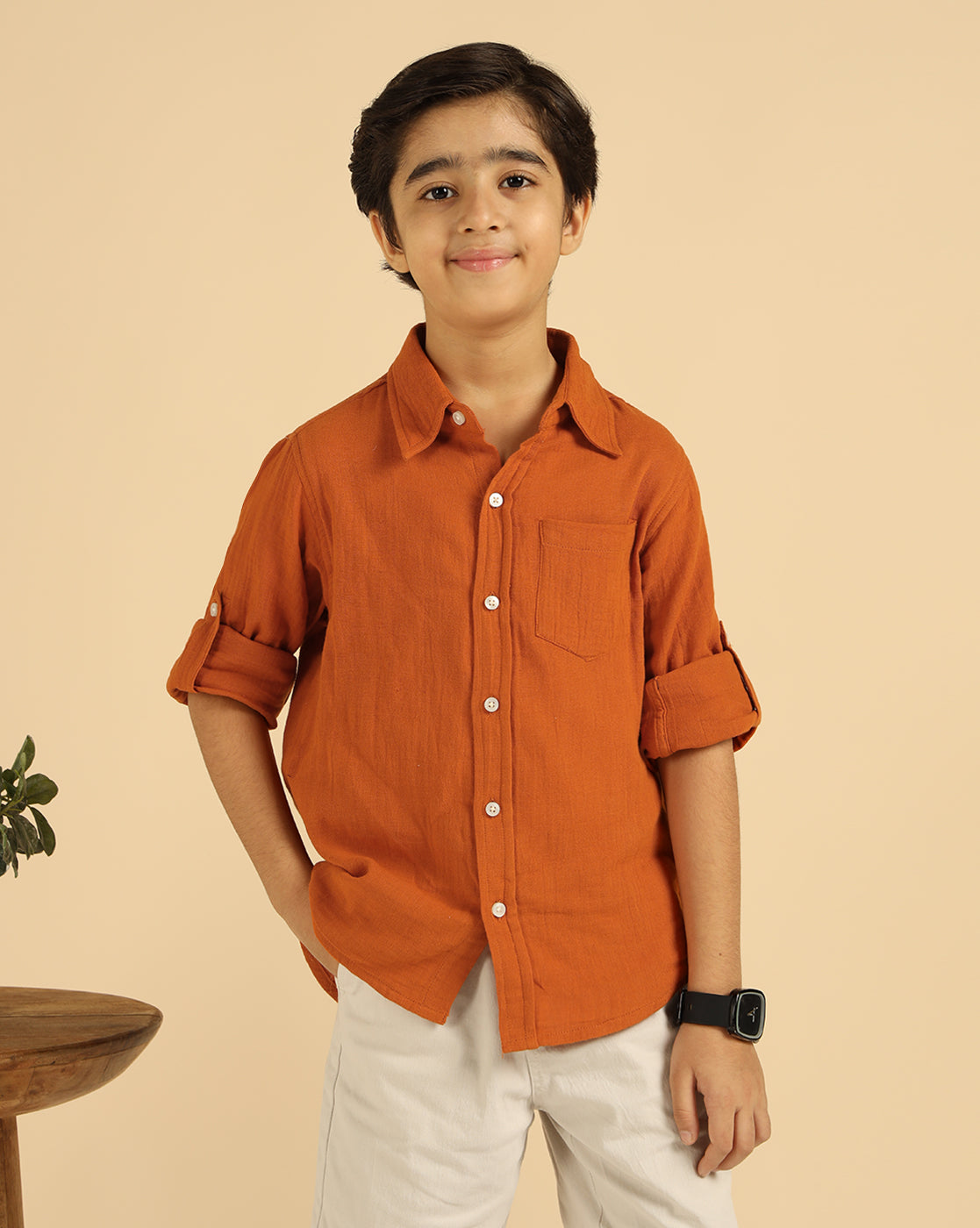 Pure Cotton Tan Brown Solid Boys Shirt