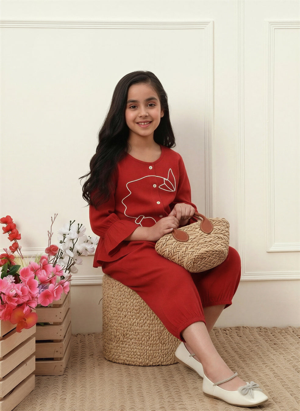 Red Cotton Round Neck Top With Pant Co-ord Set
