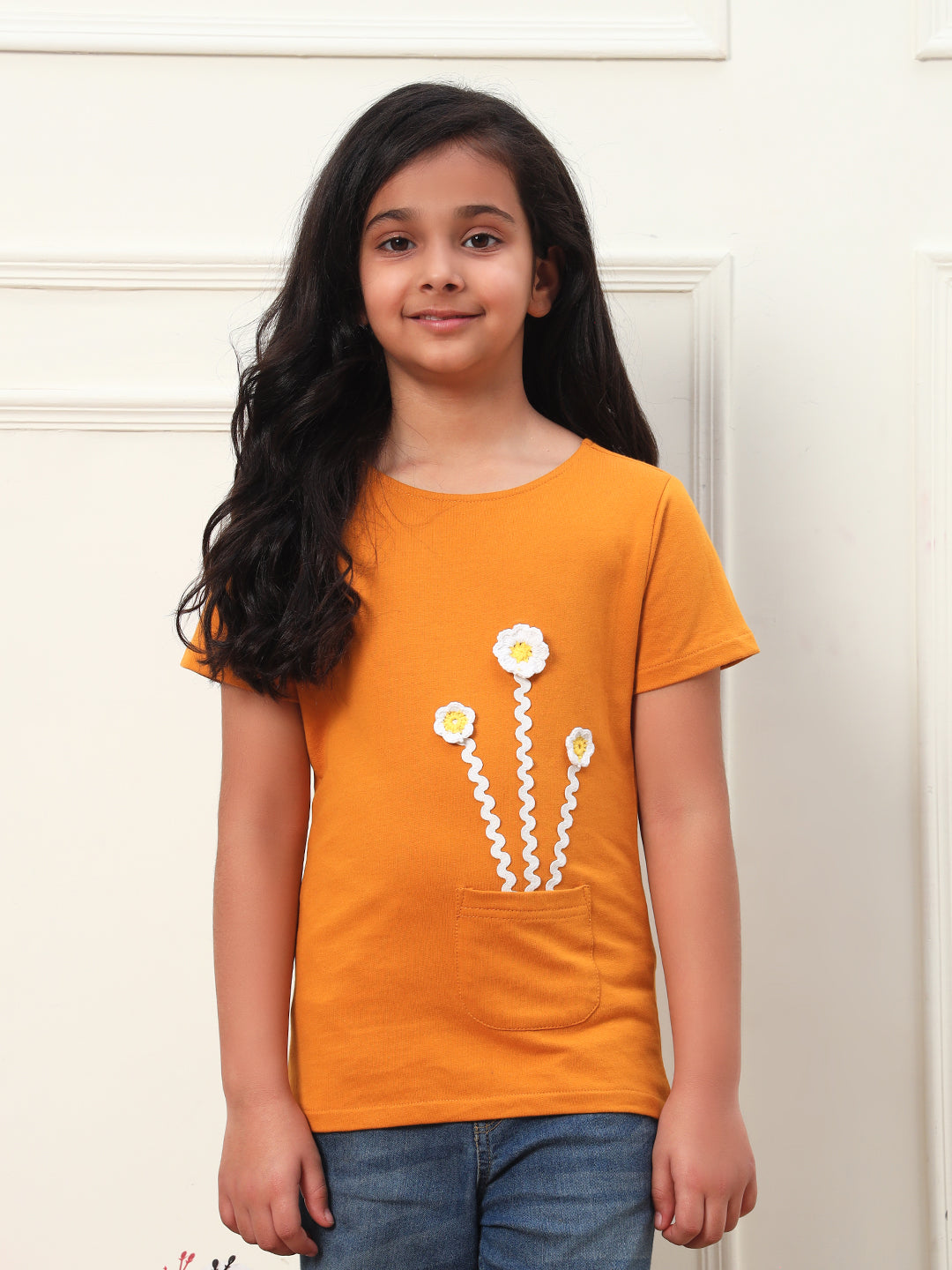 Flower Patch Solid T-Shirt For Girls