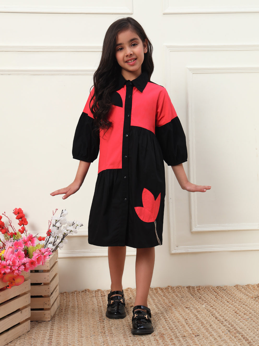 Black & Pink Colorblock Gathered Dress