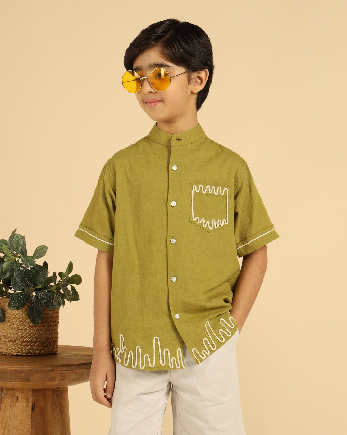 Lemon Yellow Embroidered Causal Boys Shirt