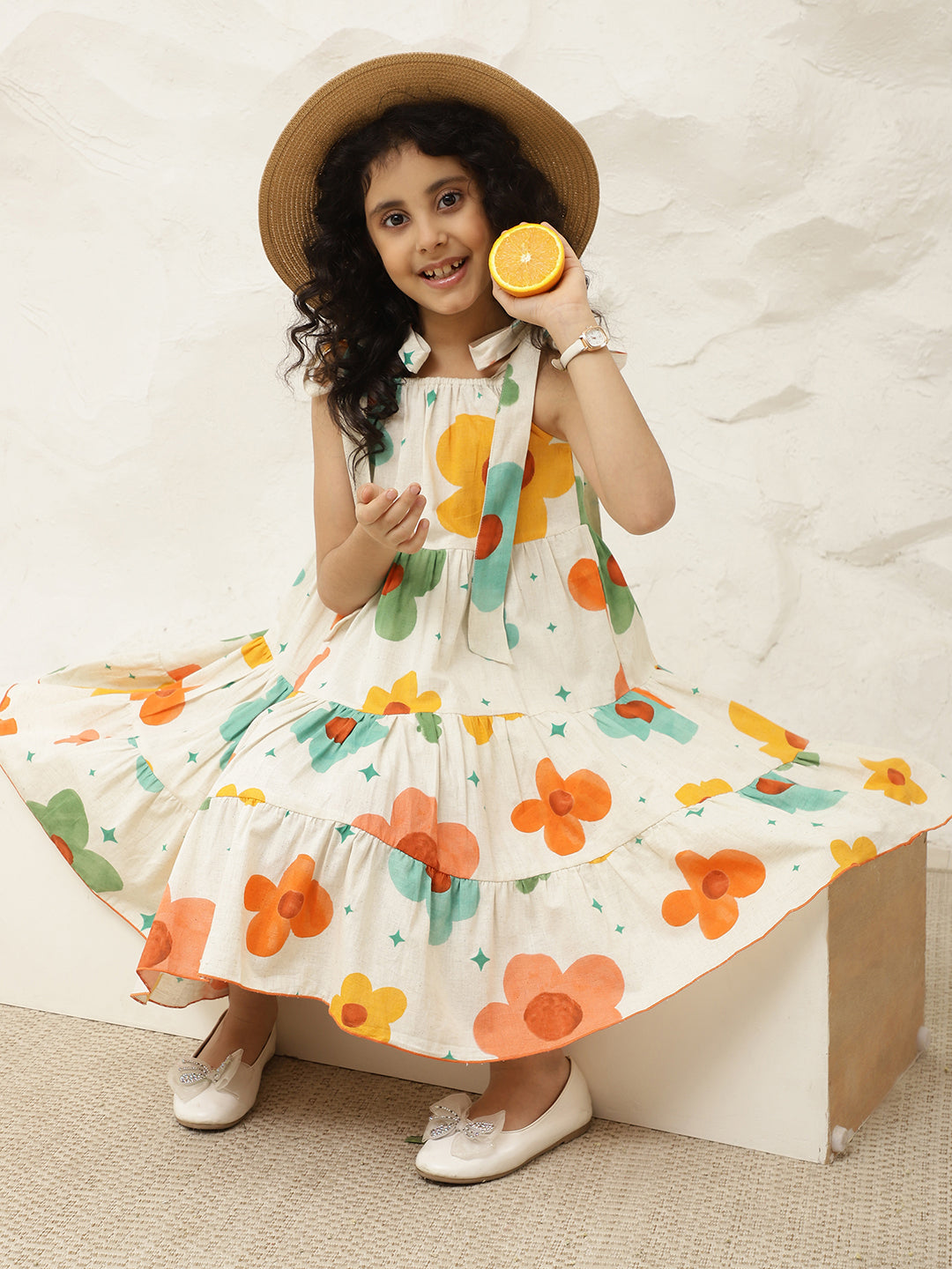 Pure Cotton Mutlicolor Adjustable Tiered Dress