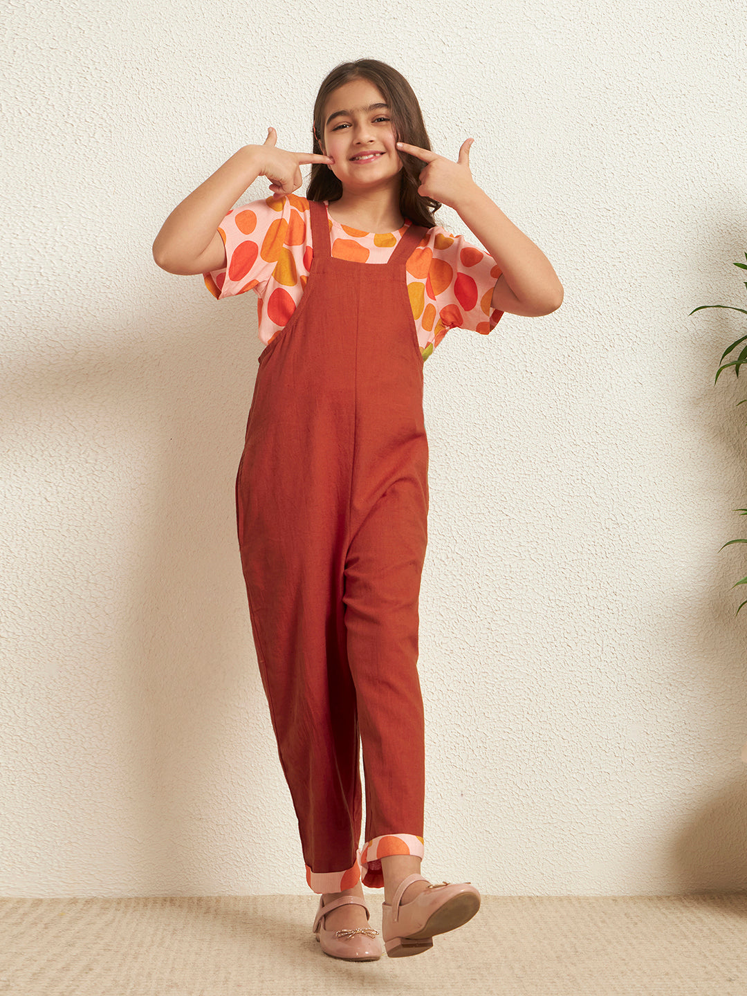 Red Orange Cotton Flex Solid With Polka Print Girl's Jumpsuit Set