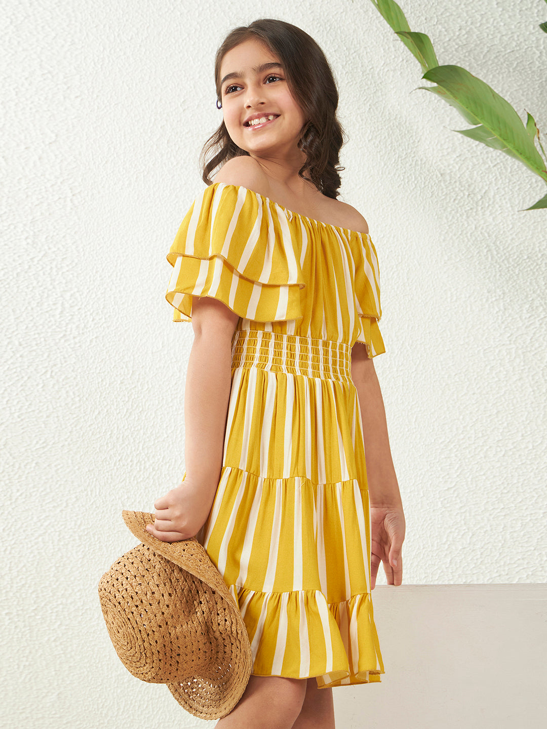 Rayon Yellow Bell Sleeves Striped Tiered Knee Length Dress