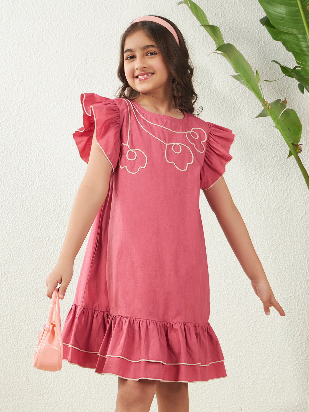 Girls Pink Cotton Poplin Floral Dori Work A-Line Dress