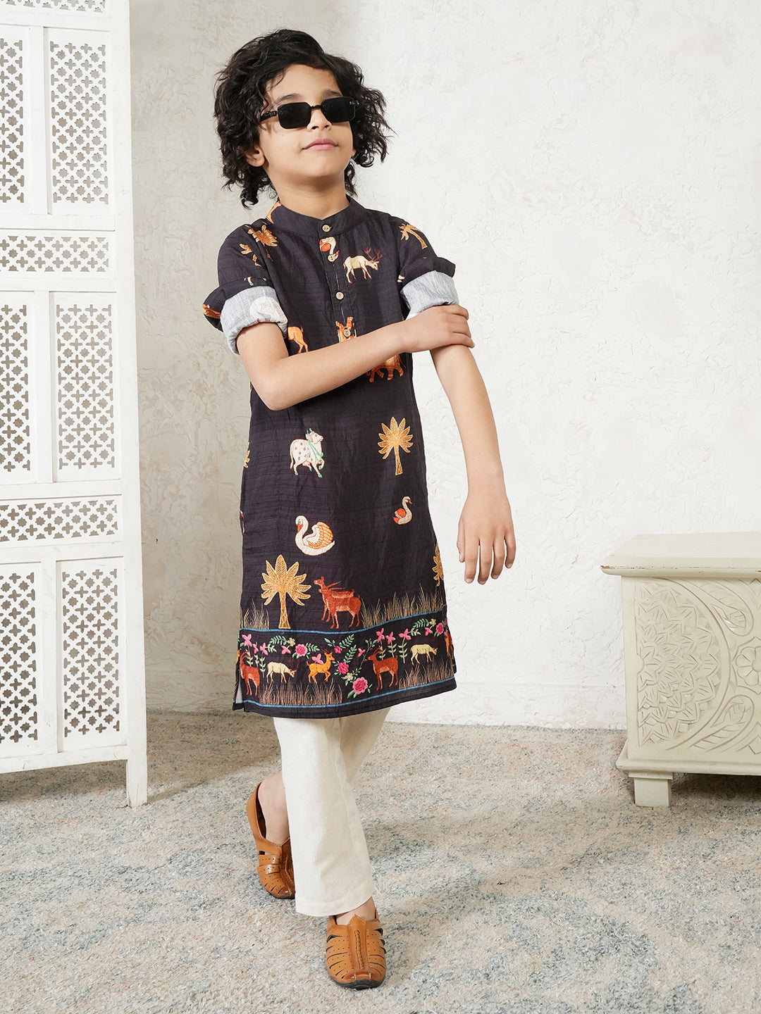 Animal Print Charcoal Black Kurta For Boys