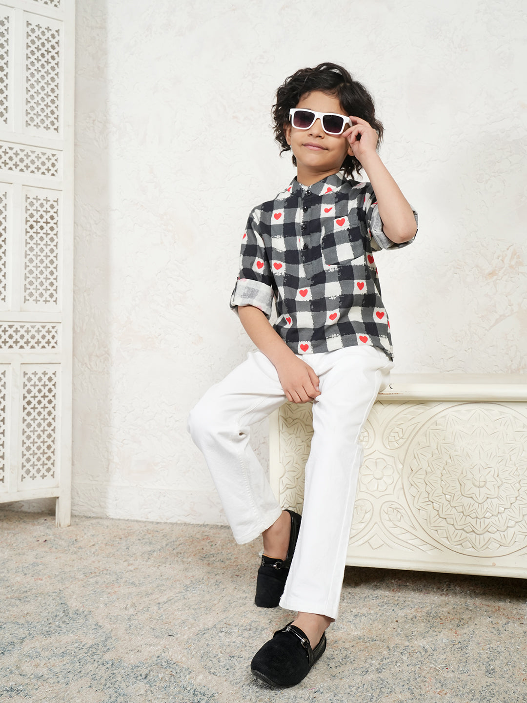 Heart Print Check Kurta For Boys