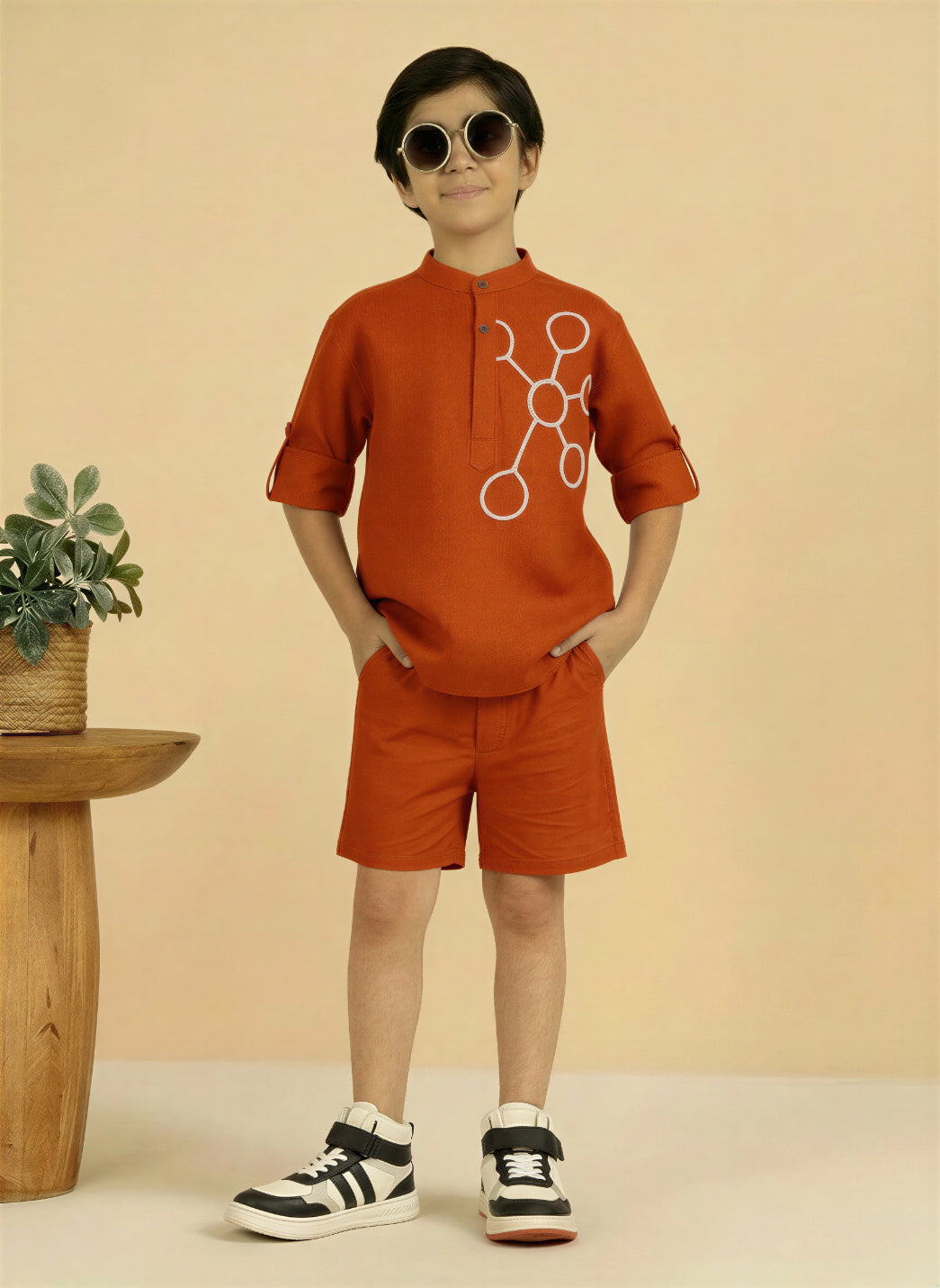 Orange Cotton  Mandarin Solid Short Kurta With Shorts Co-ord Set