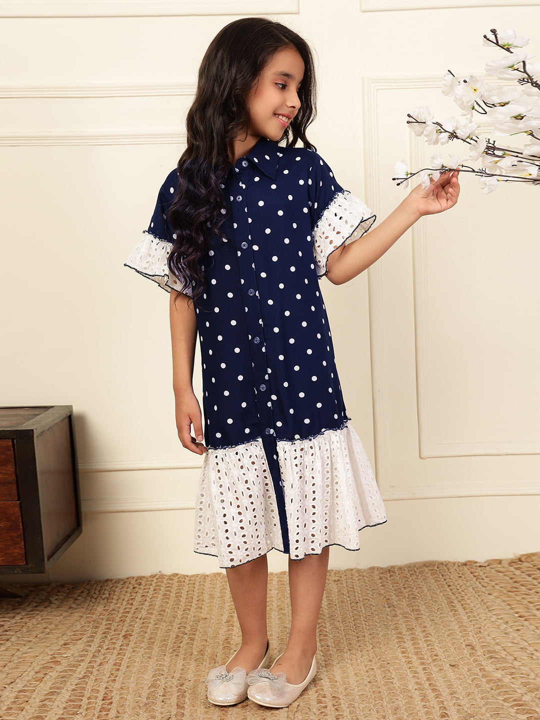 Polka Dot Loose-Fit Schiffli Tiered Shirt Dress