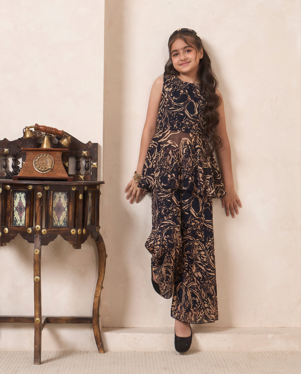 Girl's Black Abstract Print Chiffon Peplum Top & Palazzo Set