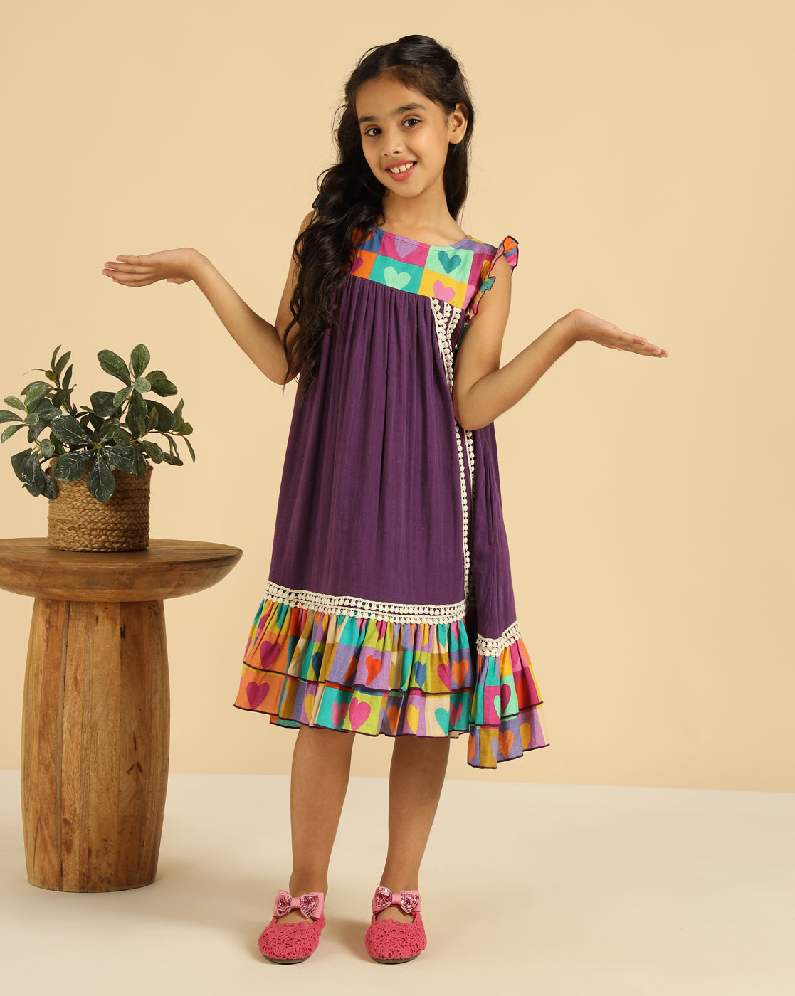 Multi-Color Heart Printed Tiered Girls Dress