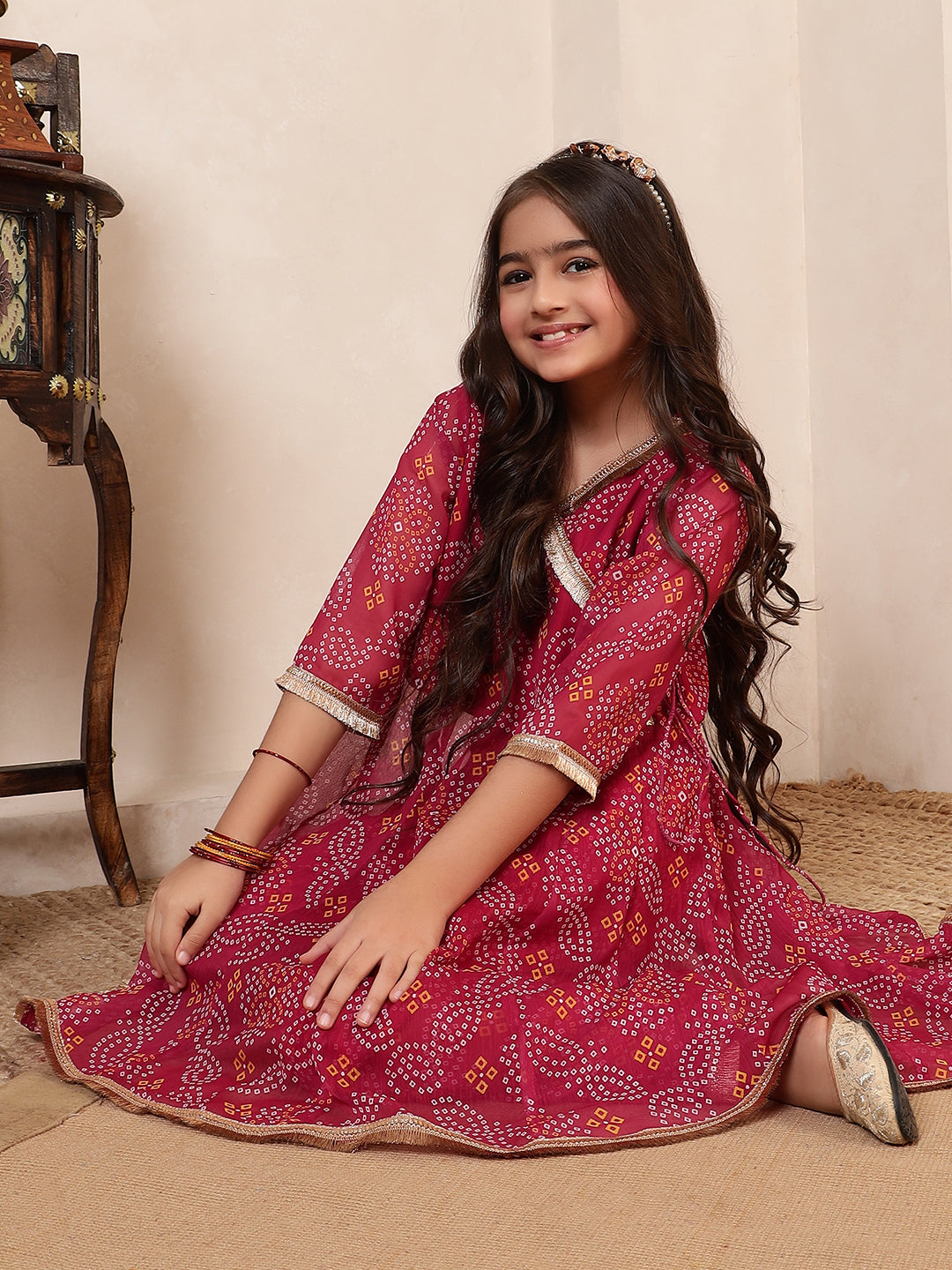 Bandhani Angrakha Style Kurta With Pants Set