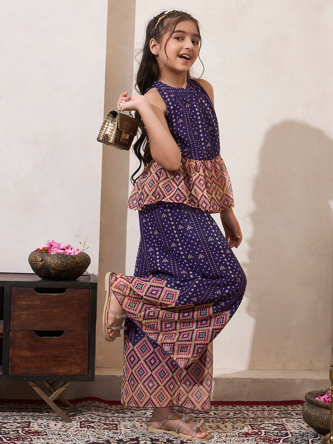 Girl's Purple B&hani Print Chiffon Peplum Top & Palazzo Set