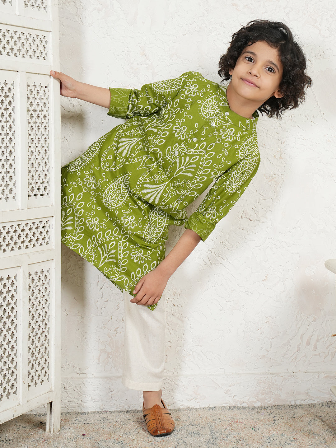 Green Embroidered Boys Kurta