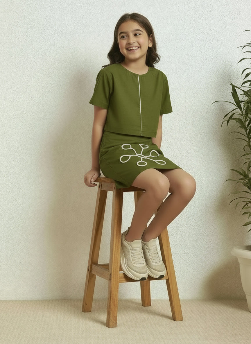 Olive Green Cotton Round Neck Embroidered Crop Top and Skirt Set For Girls