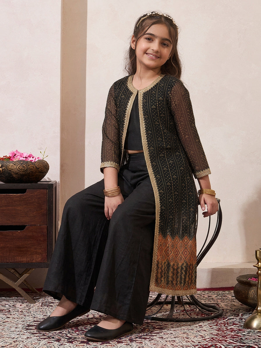 Black Chiffon Bandhani Boder Shrug With Top & Palazzo Set