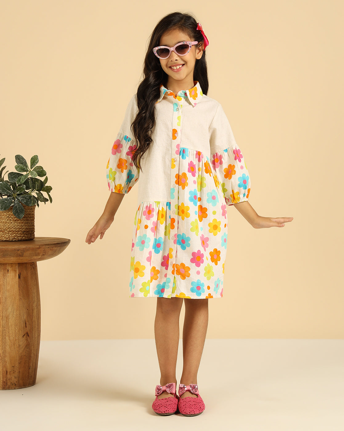 Off White Pure Cotton With Floral Printed Blocking Girls Tiered Shirt Dress