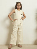 Girls Off White Cotton Blazer With Pant Co-Ord Set