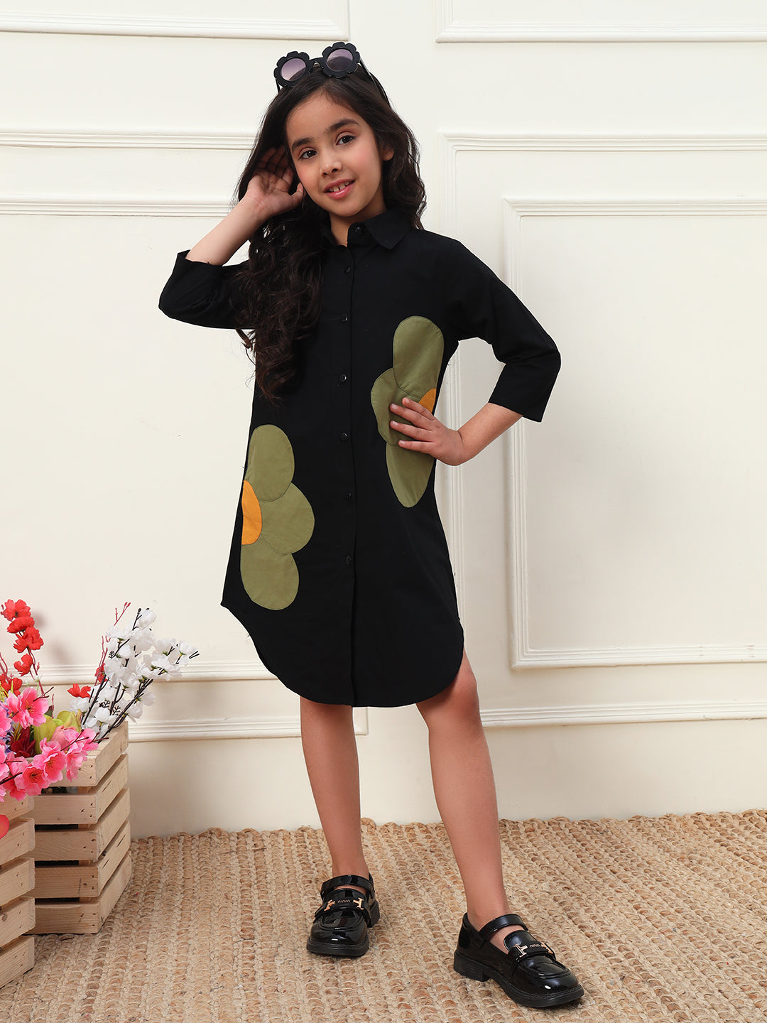 Patch Work Shirt Dress For Girls