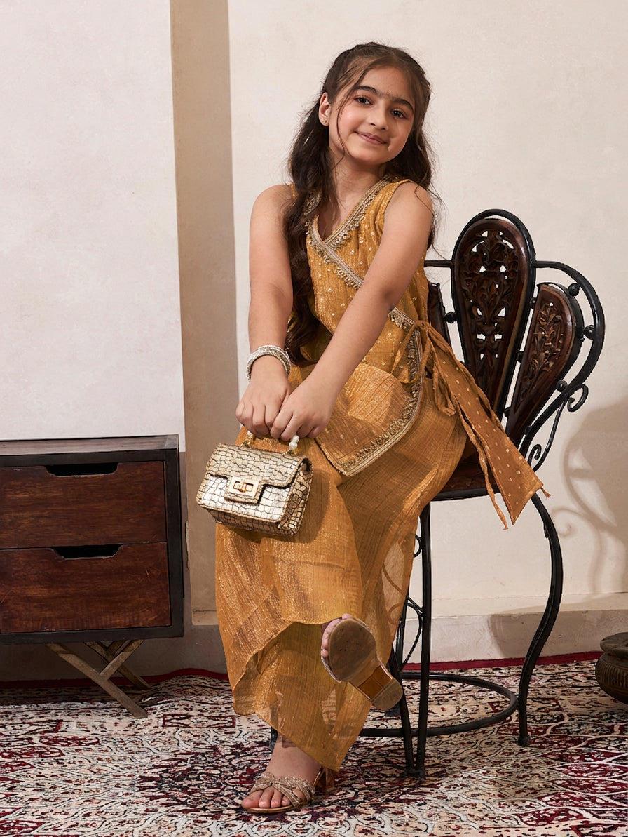 Golden Solid Shimmer Butta Angrakha & Palazzo Set