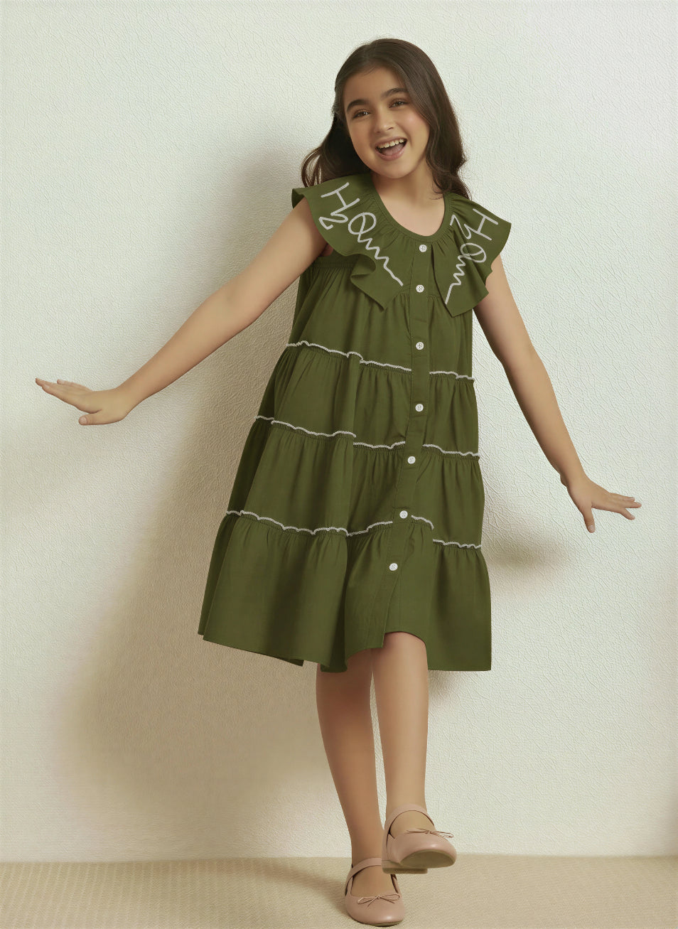 Sea Green Cotton Round Neck Shirt Style Above Knee Length Dress For Girls