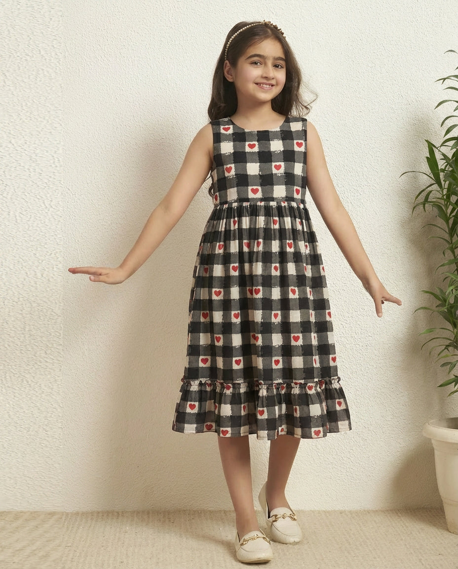 Girl's Black Cotton Check Heart Print Tiered Dress