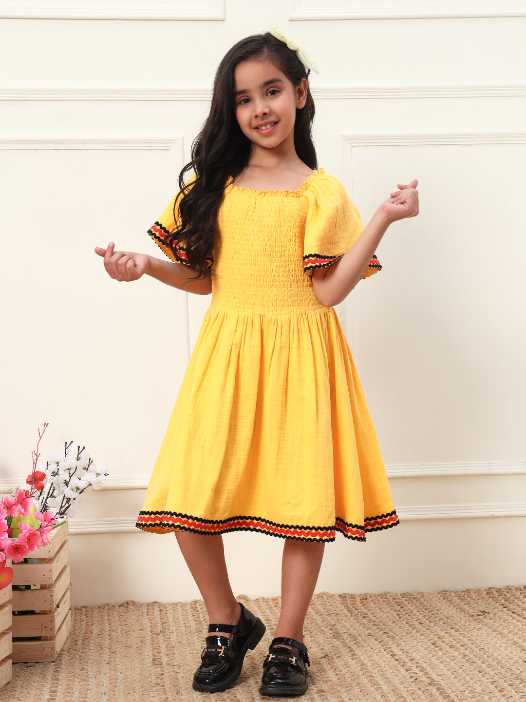 Vibrant Yellow Smocking Dress for Girls
