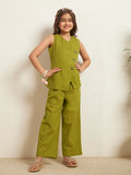 Lime Green Solid Blazer With Pant Girls Co-Ord Set