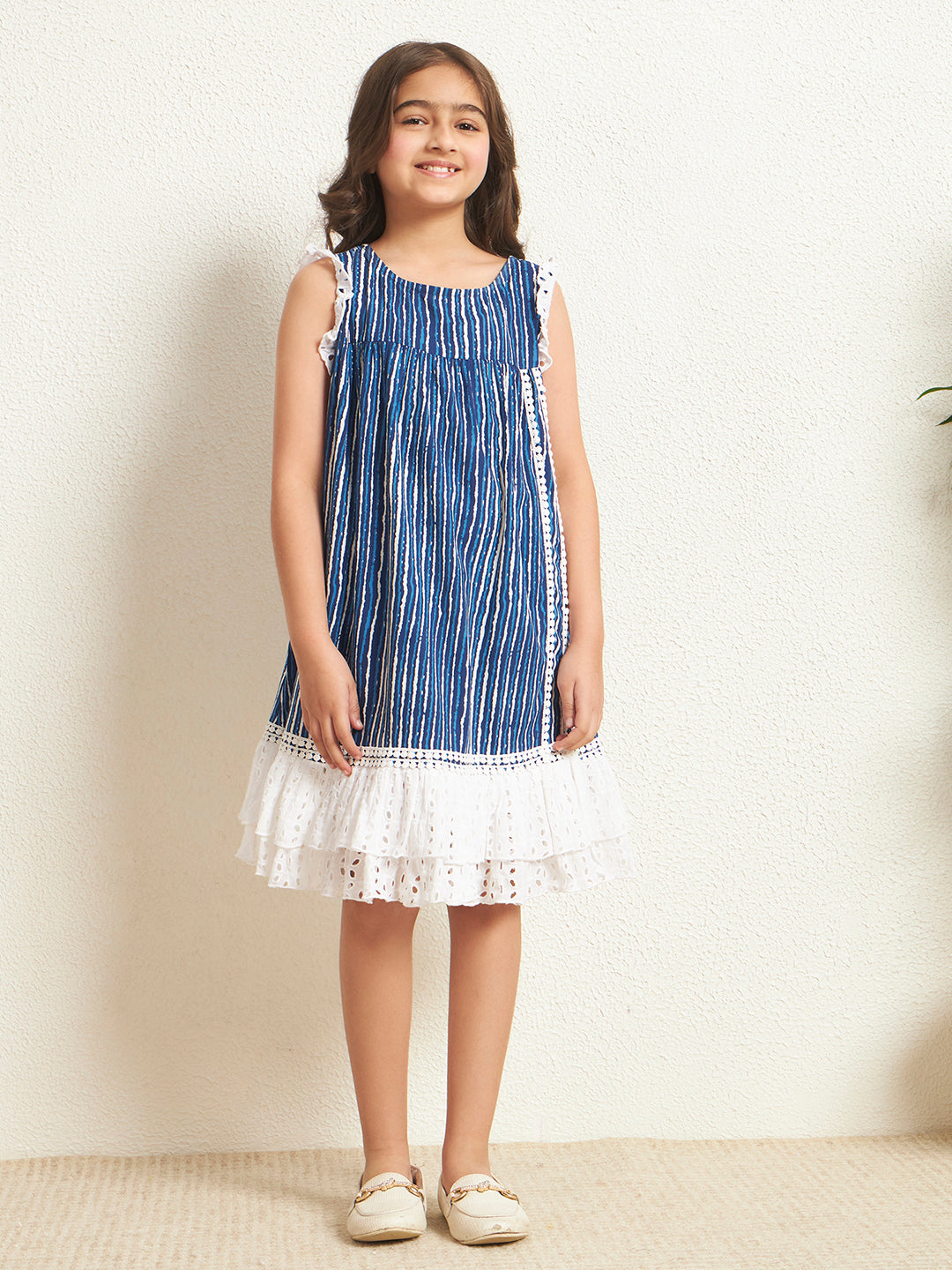 Girl's Blue Rayon & Schiffli Stripe With Embroidered A-Line Flared Knee Length Dress