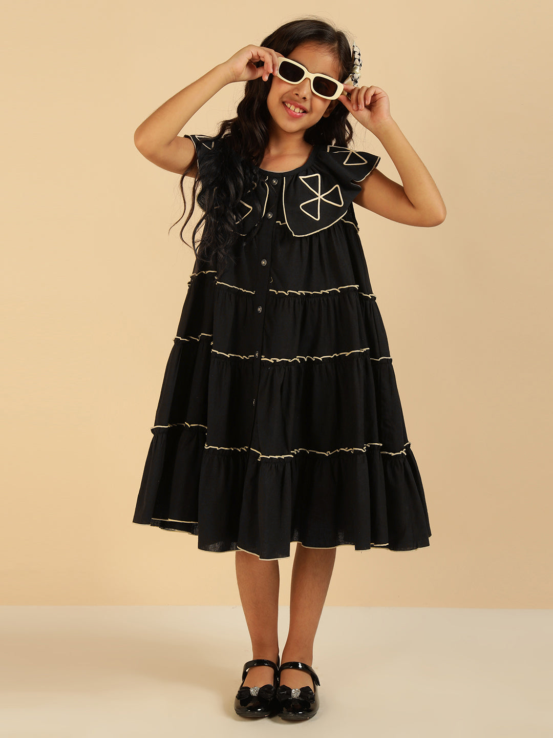 Pure Cotton Black Embroidered Tiered Girls Dress