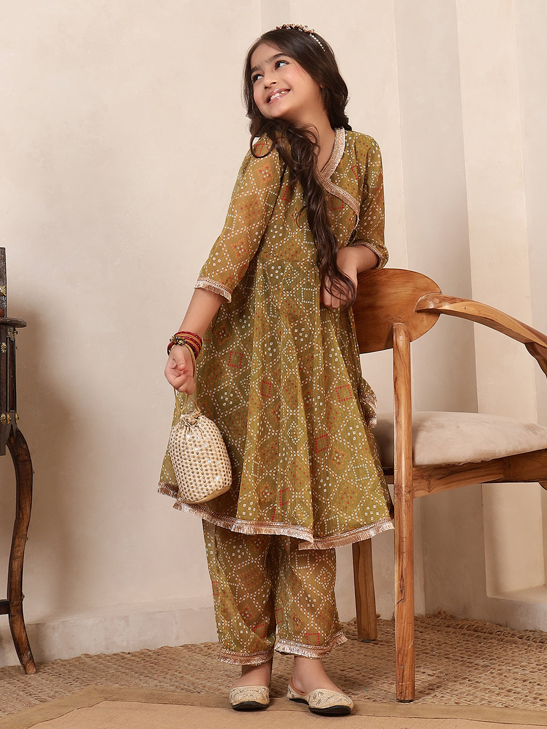 Bandhani Angrakha Style Kurta With Pants Fusion Set