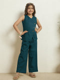 Girls Teal Blue Cotton Blazer With Pant Co-Ord Set