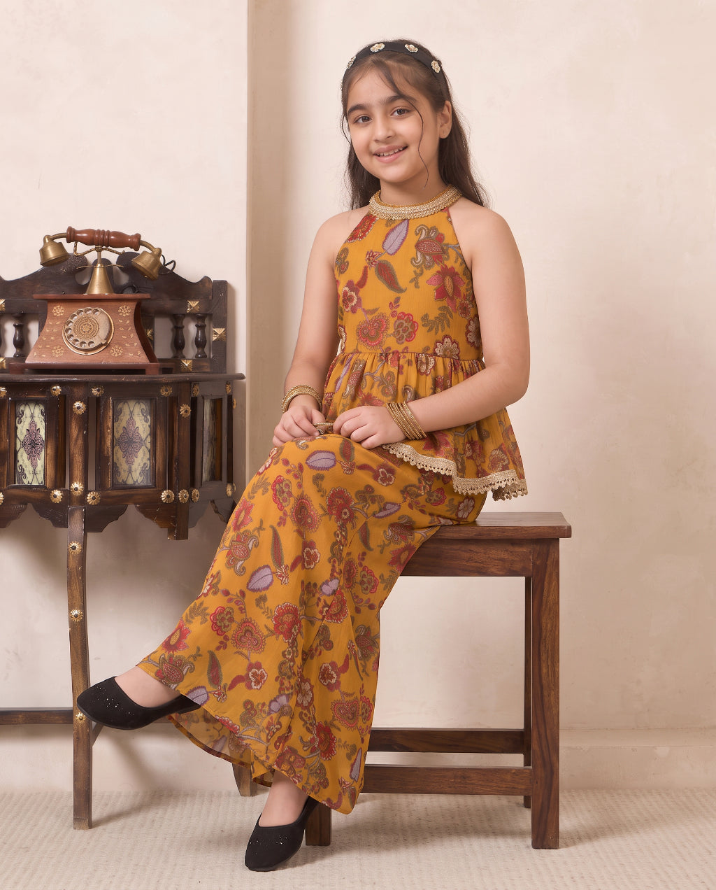 Girl's Mustard Paisley Print Chiffon Peplum Top & Palazzo Set