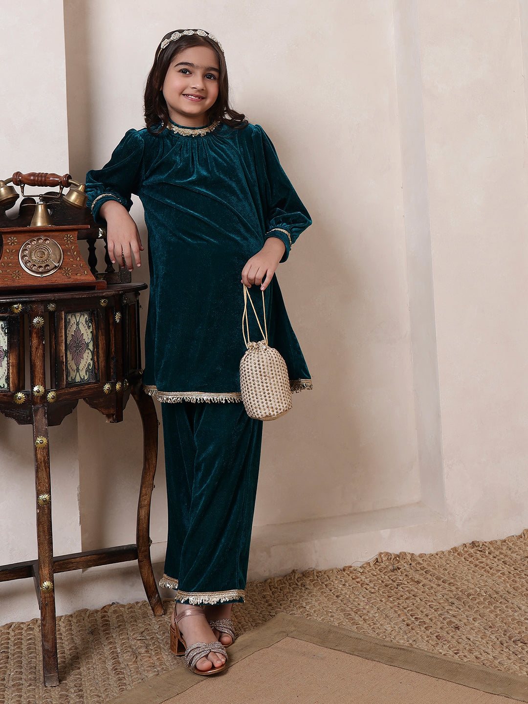 Velvet Band Collar Neck Style Kurta Set
