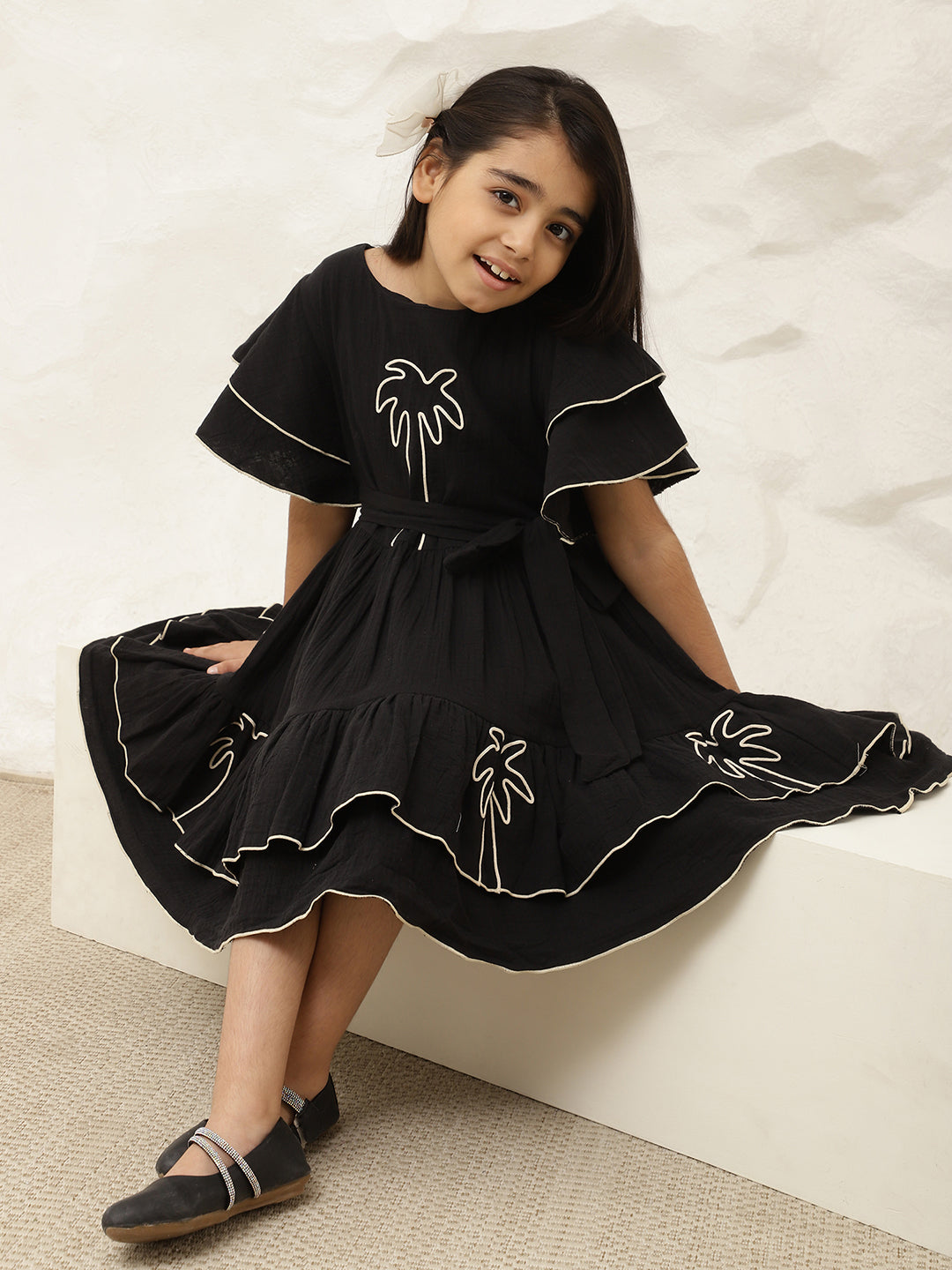 Embroidered Palm Motif Pure Cotton Gauze Dress For Girls