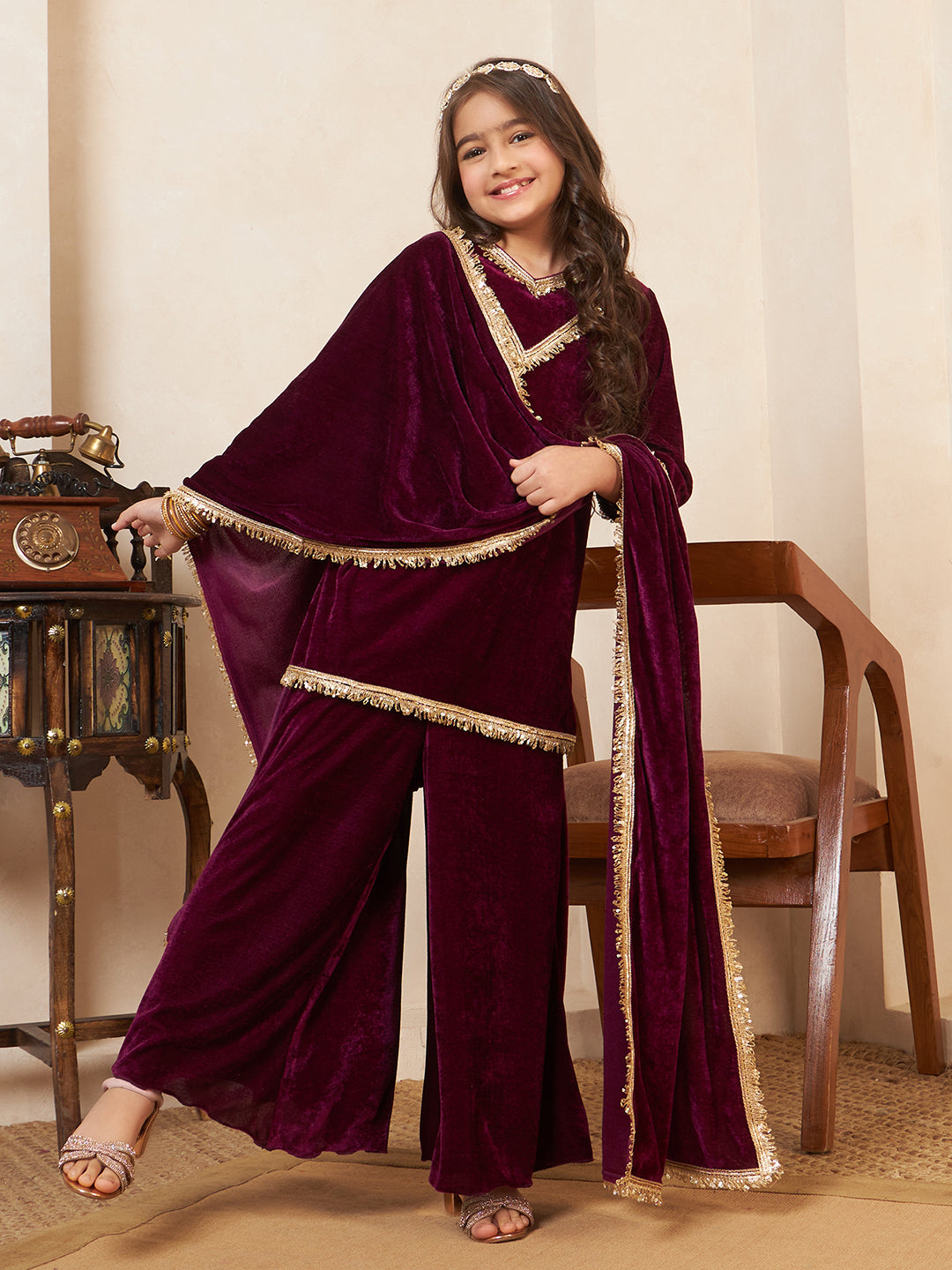 Wine Velvet 3 Pieces Co-Ord Set