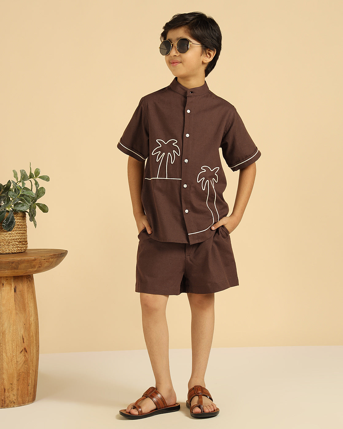 Brown Pure Cotton Embroidered Shirt With Shorts Boys Co-Ord Set