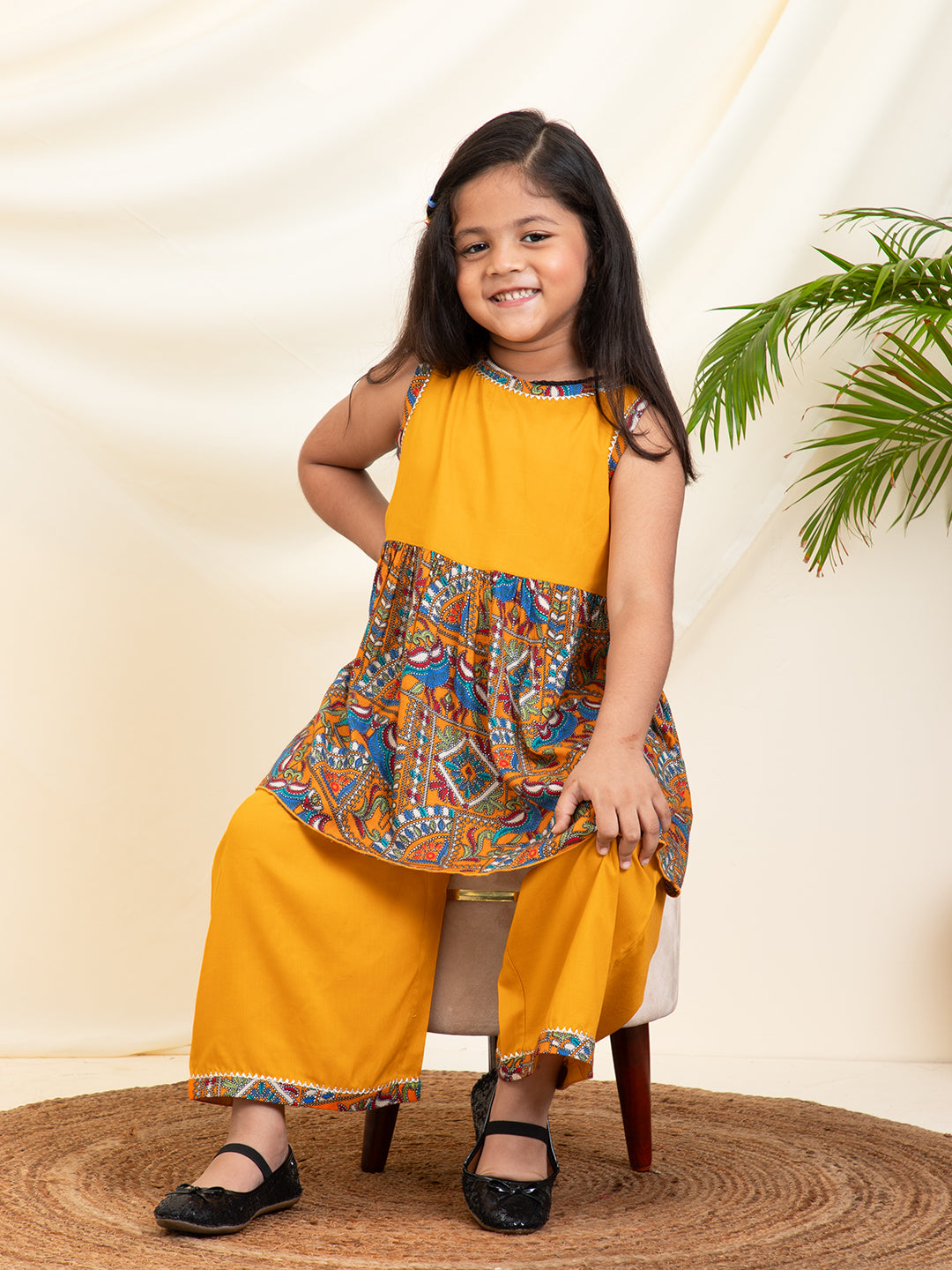 Solid With Abstract Print Rayon Kurta & Sharara Set