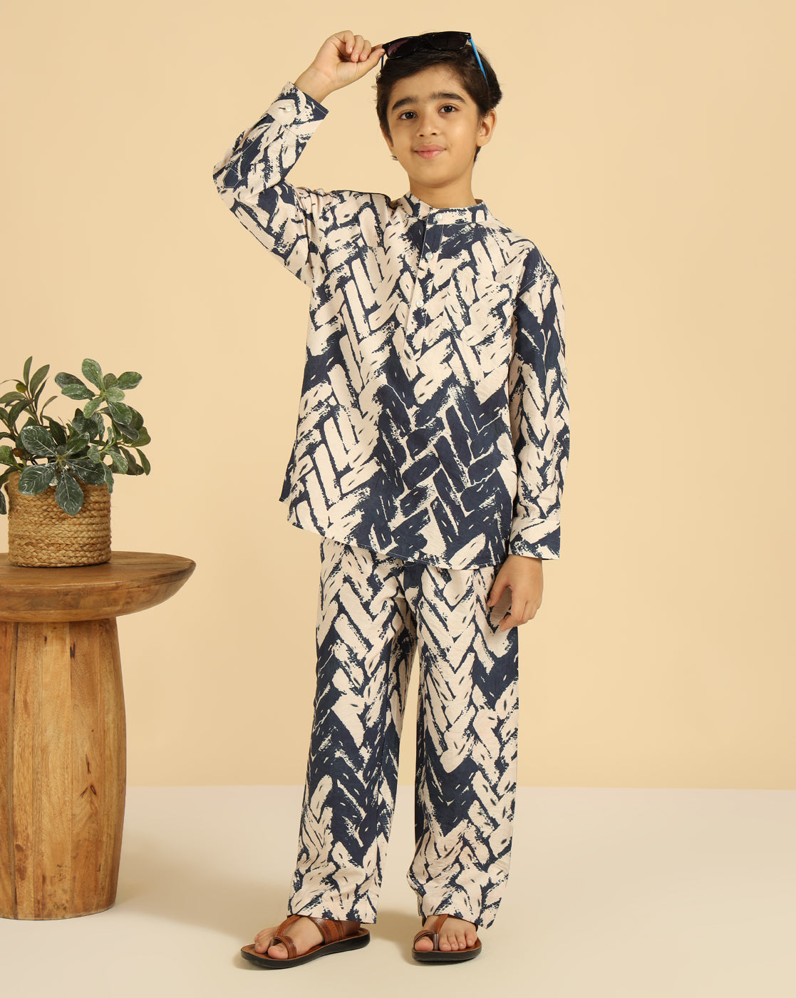 Blue Tie Dye Geometric Kurta With Pant Boys Co-Ord Set