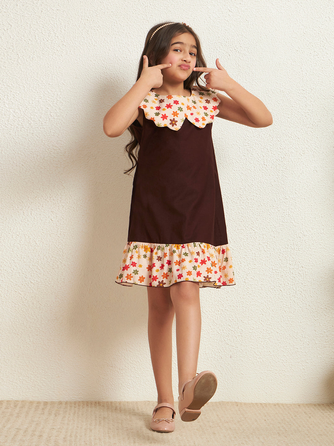 Girl's Brown Cotton Flex Solid With Floral Print A-Line Dress
