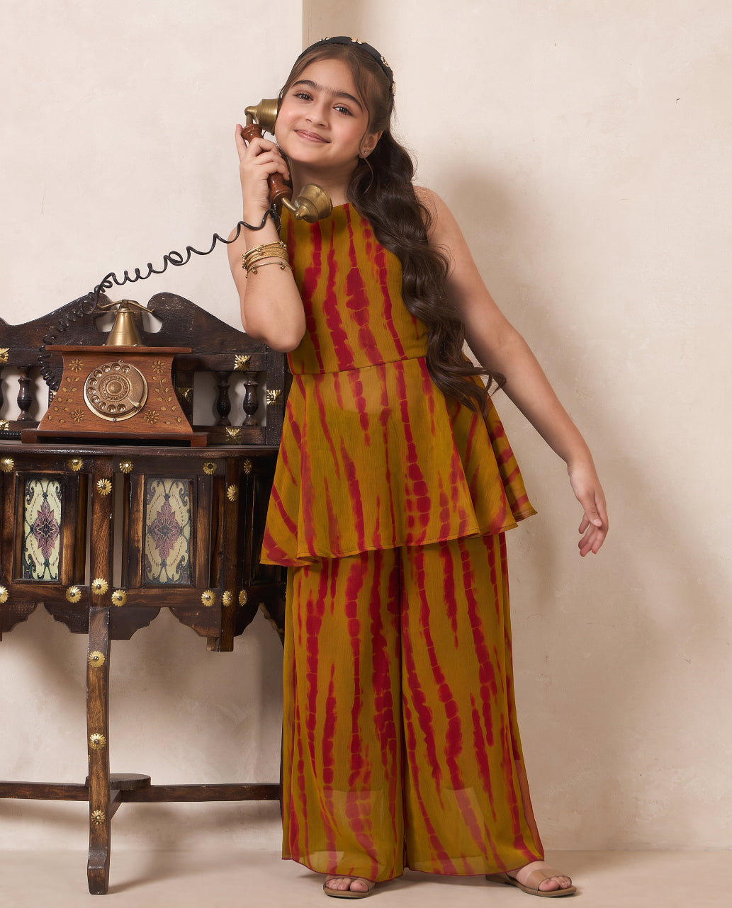 Girl's Multicolor Tie Dye Chiffon Peplum Top & Palazzo Set